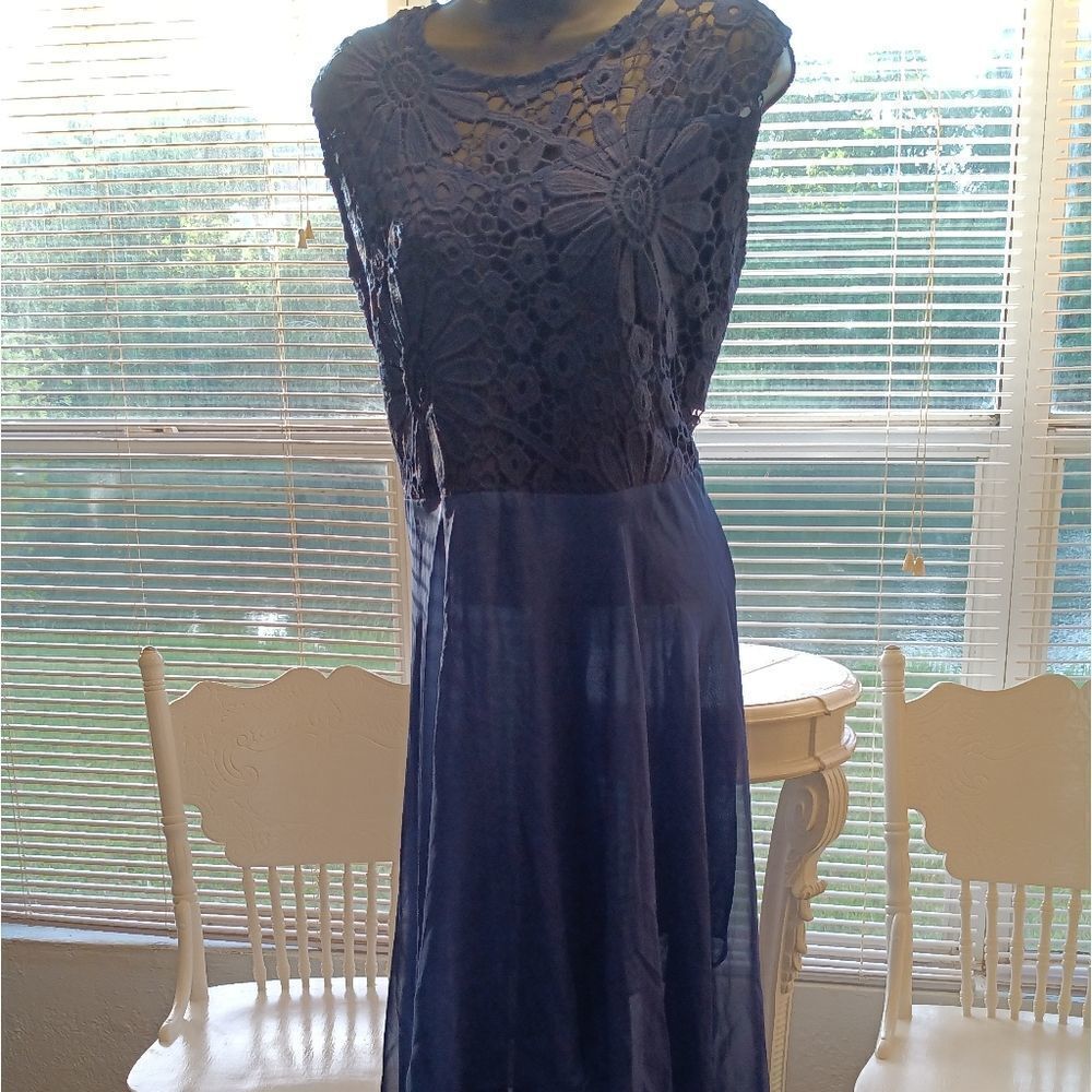 Navy Blue Hi-Low Floral Lace -Stunning Dress